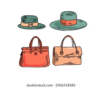 Sketch drawing of the fashion set of women hats and bags in green - coral - powder tones 