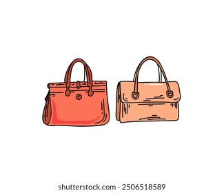 Sketch drawing of the fashion set of women bags in coral - powder tones 