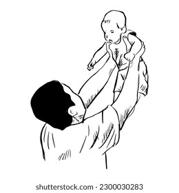 Sketch drawing father holding baby boy