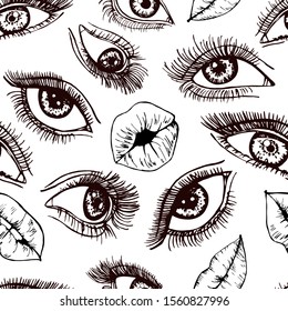 Sketch drawing female eyes and lips. Seamless pattern. Beautiful female eyes and lips. Black and white image. Set. Suitable for decoration textiles and paper. Fashion print.