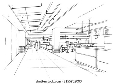 Sketch drawing of a food court corridor area and food counter,Modern design,vector,2d illustration