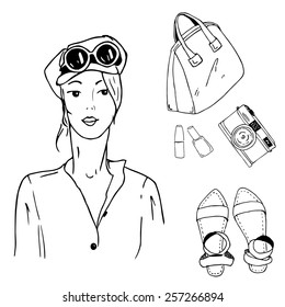 Sketch drawing girl in beautiful looks. Hand drawn Illustration with girl and  fashion accessories set: camera, flip-flops, nail polish, lipstick and bag 