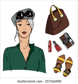 Sketch drawing girl in beautiful looks. Hand drawn Illustration with colored girl and  fashion accessories set: camera, flip-flops, nail polish, lipstick and bag 