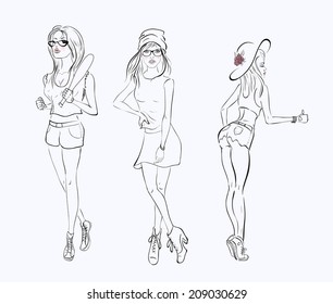 sketch drawing girl in a short dress on white background