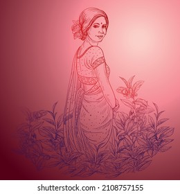 Sketch drawing of a girl tea picker on a plantation. Tea bush, plantation , Indian woman, Indonesian woman, hand drawing. The picture shows harvesting