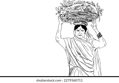 Sketch drawing of A Glimpse into the Lives of Indian Vegetable Vendors, line art vector illustraiton of Indian Women Selling Vegetables, Indian Women and Their Vegetable Trade