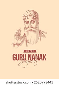 Sketch or drawing of Guru Nanak. Guru Nanak Jayanti festival of Sikh. vector template.