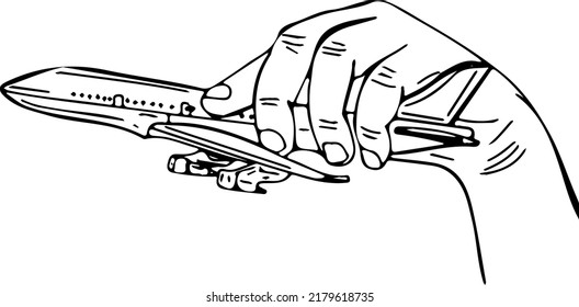 Sketch drawing hand holding airplane, Line art illustration silhouette of hand holding airplane, Airplane vector drawing