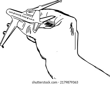 sketch drawing hand holding airplane, line art illustration silhouette of hand holding airplane, airplane vector drawing