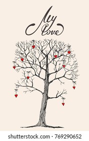 sketch drawing a hand-drawn tree with cute red hearts and letting my love on a soft background