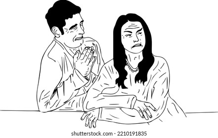 Sketch Drawing Of Husband Saying Sorry To Wife, Outline Vector Illustration Of Man And Woman Argument, Cartoon Doodle Drawing Of Husband Wife Relation