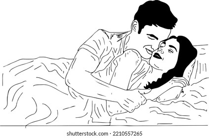 Sketch drawing of husband and wife in romantic pose, Man and woman doing romance outline vector illustration, Cartoon doodle drawing of Romantic couple lying in the bed