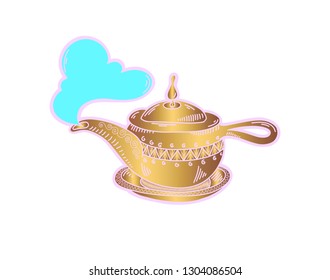 sketch drawing icon of golden aladdin magic lamp, boiling kettle with a cloud of steam, vector illustration