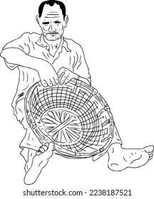 Sketch drawing illustration of Indian village man weaving basket with hands, Traditional asian man waving basket vector silhouette cartoon doodle design