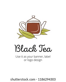 Sketch drawing illustration for tea package label. Colored art with hand-drawn outline. Use by Pen ink. Vector art illustration with teapot of puer. Black tea design template.