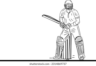 sketch drawing illustration of unique, unorthodox, unusual cricket batting stance of legend cricket batsman