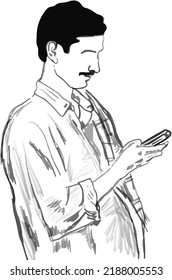 Sketch drawing of Indian Village man holding mobile in his hand, Line art illustration of village poor man holding cell phone in his hand, Silhouette of poor man holding mobile phone