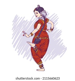 Sketch drawing, sketch, Indian woman in national costume in dance movement. Woman dancing, she has long braid, bracelets on her arms and legs, the dynamics of movement India