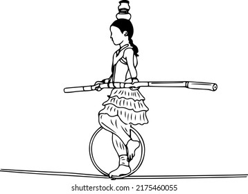 Sketch drawing of an Indian woman walking on a rope, silhouette of girl doing circus stunt on street, iCircus Girl Rope Illustrations and Vectors