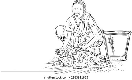 Sketch drawing of Indian young woman washing clothes in village, Line art illustration vector drawing of Indian Village woman washing clothes near village lake, Silhouette of Indian girl washing cloth