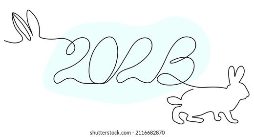 Sketch drawing of the inscription 2023 and the contour silhouette of a hare, rabbit, ears, footprints in one solid continuous line. Linear date style.