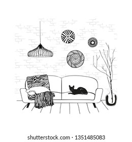A sketch drawing of the interior of the room, a cat on the couch, a hand sketch with contour lines. Vector illustration