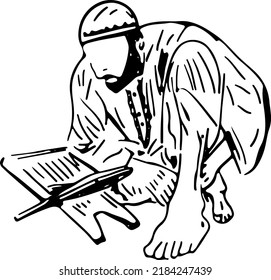 Dibujo del hombre islámico leyendo quran, ilustración de Line del hombre musulmán leyendo quran en el estrado, silueta del hombre leyendo el libro sagrado quran
