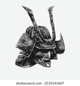 Sketch drawing of kabuto helmet, and menpo mask.  Detailed hand drawn vector illustration.