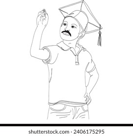 Sketch drawing of kid boy in graduation cap giving lecture, Cartoon illustration of boy wearing grad cap with chalk, Back to school flat design with kid in graduation cap