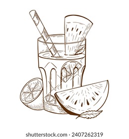 Sketch Drawing of a Lemonade Glass with slices of watermelon limes and ice cubes. Fresh Cold summer drink Vector illustration.