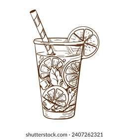 Sketch Drawing of a Lemonade Glass with slices of lemons or limes and ice cubes. Fresh Cold summer drink Vector illustration.