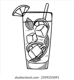 Sketch Drawing of a Lemonade Glass with slices of lemons or limes and ice cubes. Fresh Cold summer drink Vector illustration.
