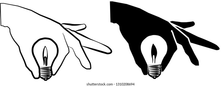 Sketch drawing light bulb is burning in hand icon symbol