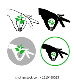 Sketch drawing light bulb is burning in hand icon symbol growth, sprout green