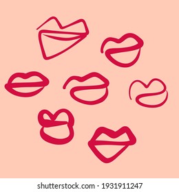 Sketch Drawing Lips. Set Of Hand Drawn Lips. Kiss.