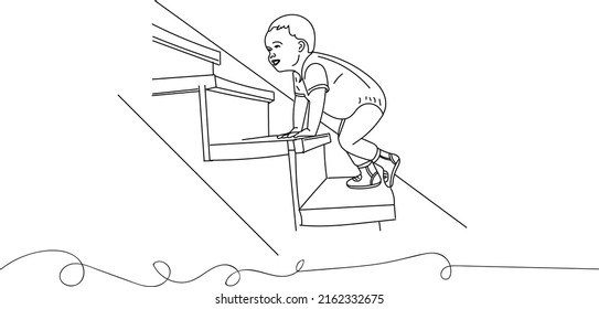Sketch Drawing Of Little Child Climbing The Stairs, Kids Logo, LIne Art Illustration Of Kid Climbing Steps