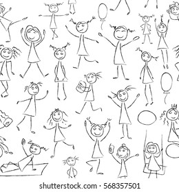 Sketch drawing little girls in different poses seamless pattern. Vector set in black and white color. Dance, jump, fun background. Girls silhouette, monochrome, simple kids, drawing little children