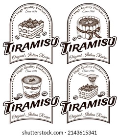 Sketch Drawing Logo Set Of Tiramisu Cake Isolated On White Background. Engraved Italian Dessert With Coffee Beans, Cocoa, Mascarpone And Ladyfingers. Sweet Chocolate Label. Retro Vector Illustration.