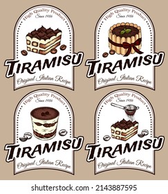 Sketch Drawing Logo Set Of Tiramisu Cake Isolated On White Background. Engraved Italian Dessert With Coffee Beans, Cocoa, Mascarpone And Ladyfingers. Sweet Chocolate Label. Retro Vector Illustration.