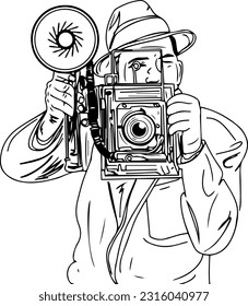 Sketch drawing of a man capturing moments with an old retro camera in the retro era