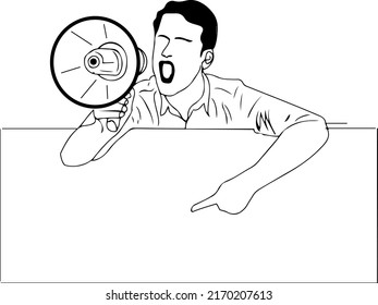 Sketch drawing of man holding loudspeaker with holding