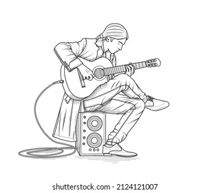 dibujo de un hombre de pelo largo tocando la guitarra ac
custik, busker callejero que toca la guitarra y se sienta en el altavoz