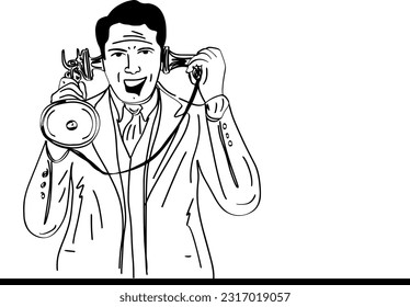 Sketch-Zeichnung des Menschen auf altmodischen Festtelefon in Vintage-Zeit, Sketch von Menschen, die Konversation auf dem Vintage-Festtelefon in früheren Zeiten