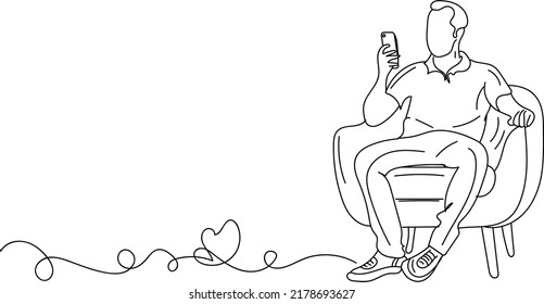 Sketch drawing of man sitting on couch and using cell phone, Line art vector illustration of man sitting on chair and holding mobile