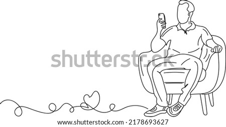 Sketch drawing of man sitting on couch and using cell phone, Line art vector illustration of man sitting on chair and holding mobile