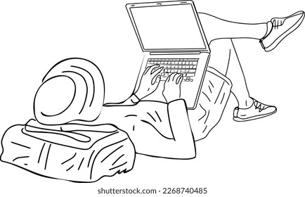A Sketch Drawing of a Man Working on his Laptop at the Beach, An Illustration of a Man Who Can Work from Anywhere, When Work Meets Pleasure
