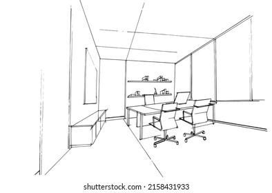Sketch drawing of a manager's room in an office space,Modern design,vector,2d illustration