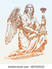 sketch drawing of marble statue angel from Rome, Italy, vector illustration