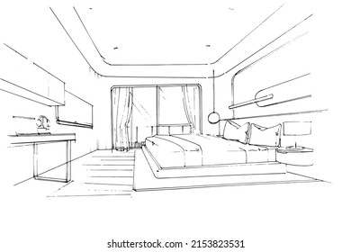 sketch drawing master bedroom.,Modern design,vector,2d illustration