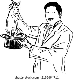 Sketch drawing of Megecian Pulling A Rabbit Out Of Hat Pictures, Images and Stock Photos, line art illustraiton silhouette vector of megic man doing megic with rebit